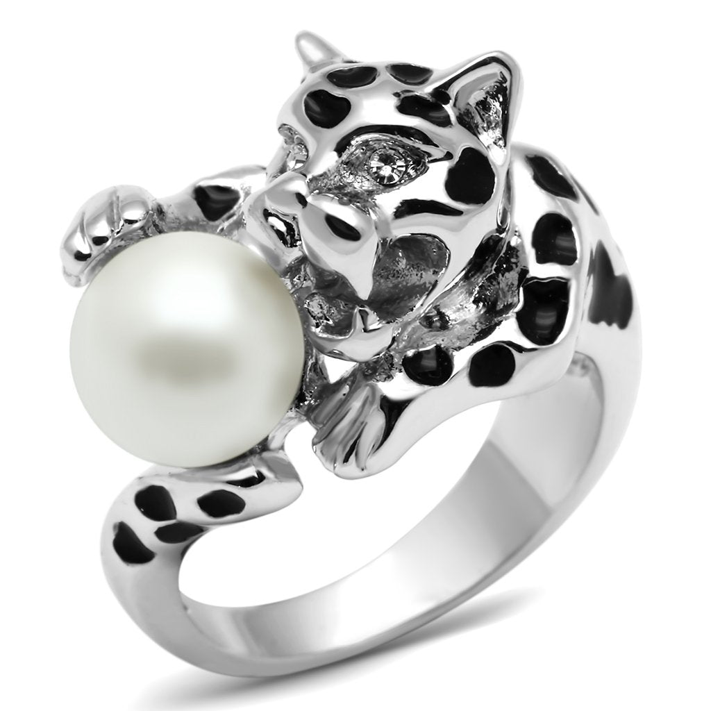 JCE297 Rhodium Brass Ring with Synthetic Pearl in White